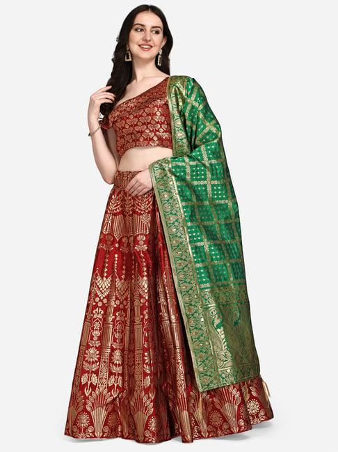 purvaja red printed stitched lehenga & unstitched blouse with dupatta