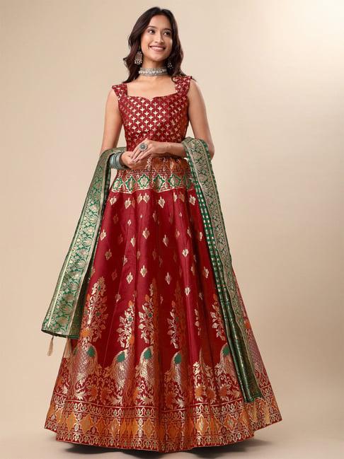 purvaja red printed stitched lehenga & unstitched blouse with dupatta