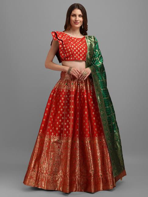 purvaja red printed stitched lehenga & unstitched blouse with dupatta