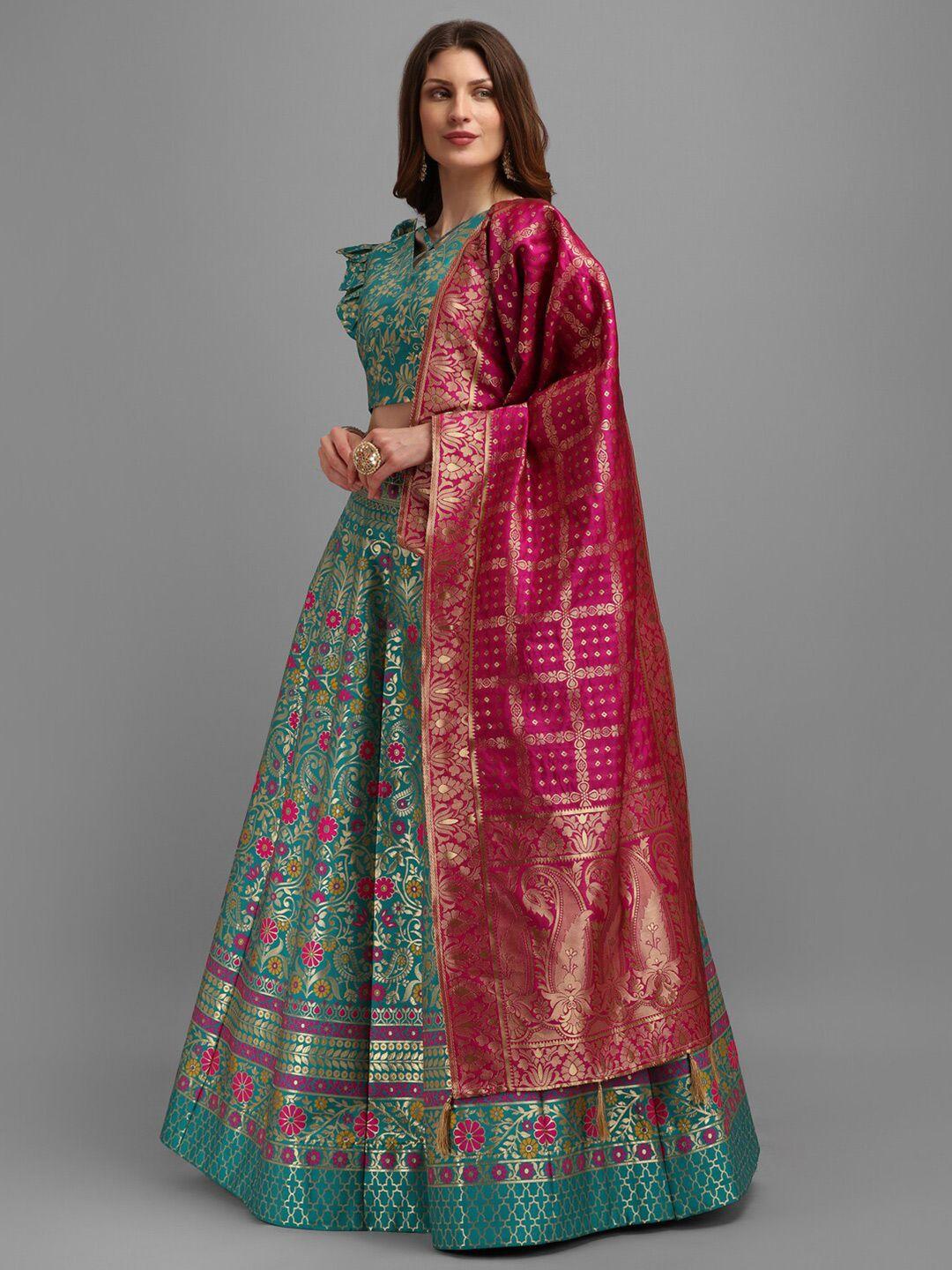 purvaja sea green & pink semi-stitched lehenga & unstitched blouse with dupatta