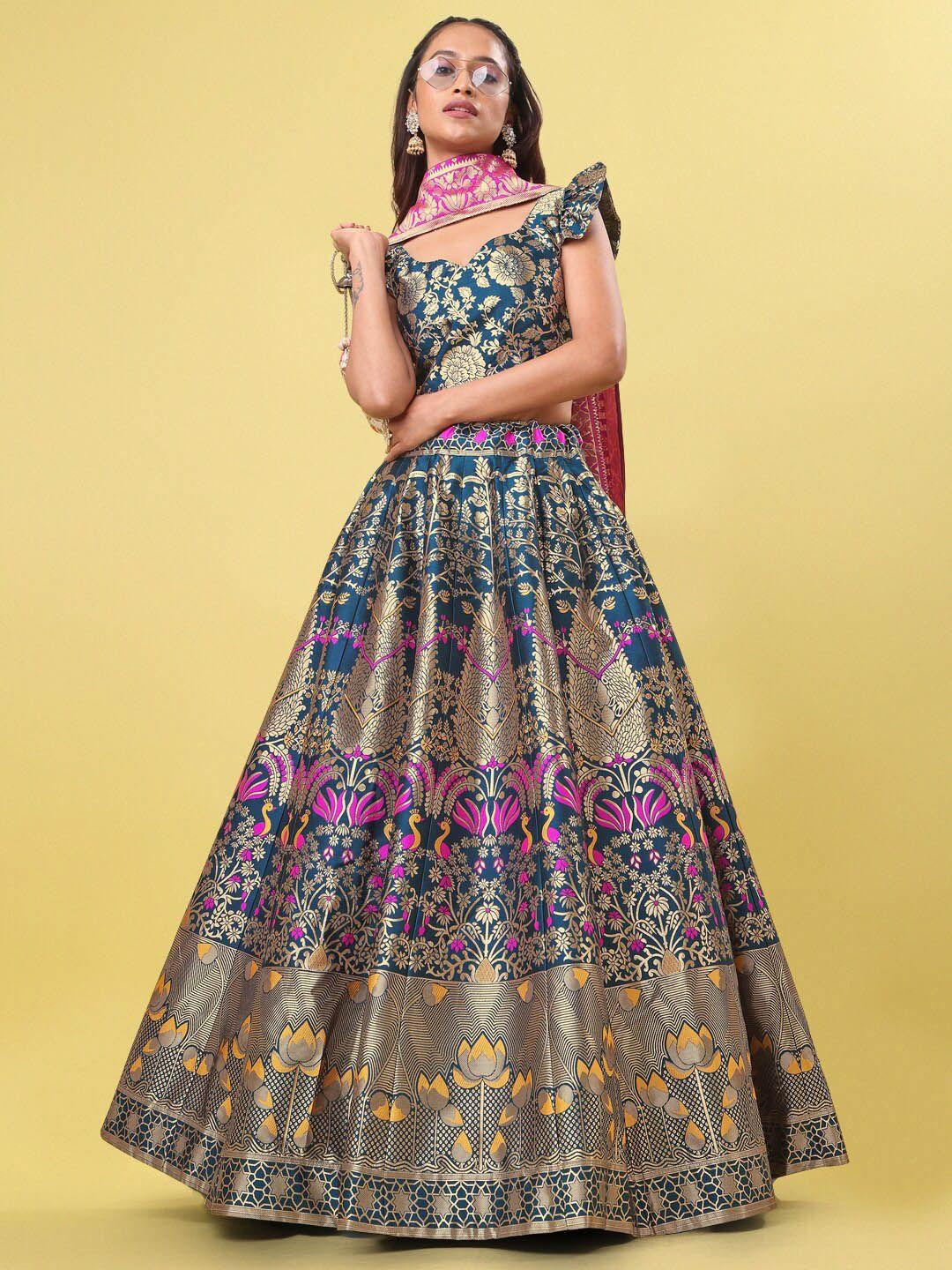 purvaja teal & gold-toned ready to wear lehenga & unstitched blouse with dupatta