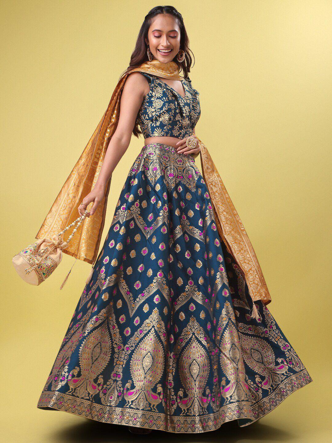 purvaja teal & gold-toned ready to wear lehenga & unstitched blouse with dupatta