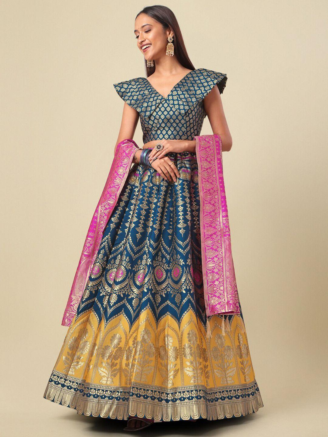 purvaja teal & mustard ready to wear lehenga & unstitched blouse with dupatta