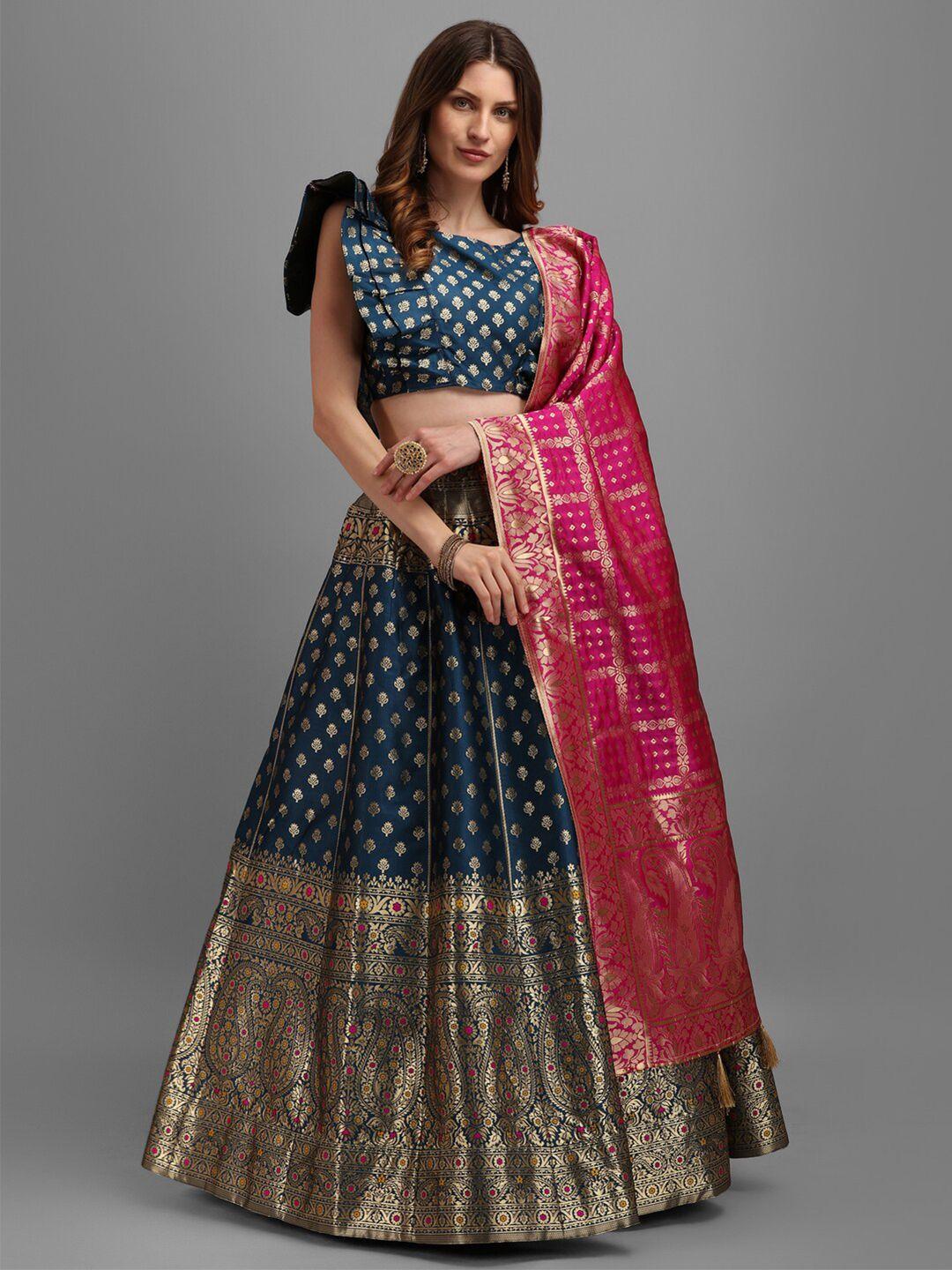 purvaja teal & pink semi-stitched lehenga & unstitched blouse with dupatta