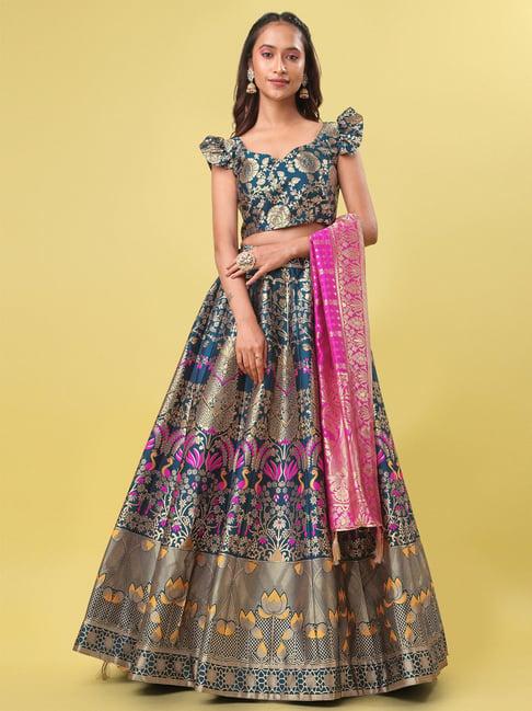 purvaja teal floral print stitched lehenga & unstitched blouse with dupatta