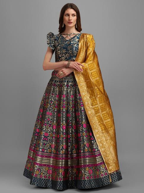 purvaja teal floral print stitched lehenga & unstitched blouse with dupatta