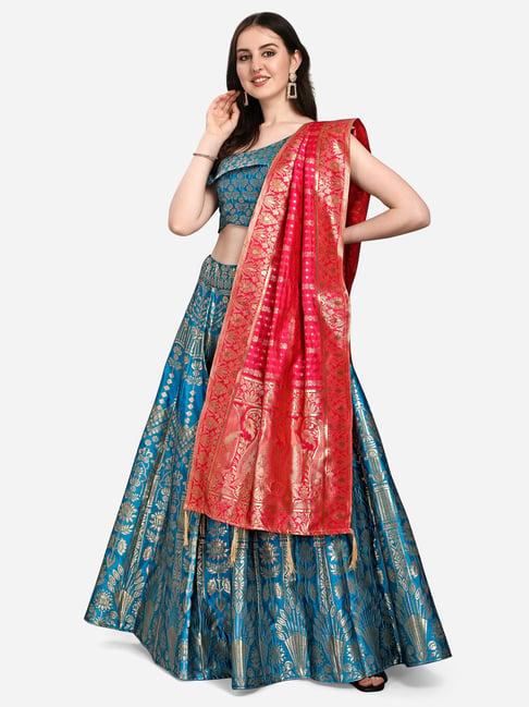 purvaja teal printed stitched lehenga & unstitched blouse with dupatta