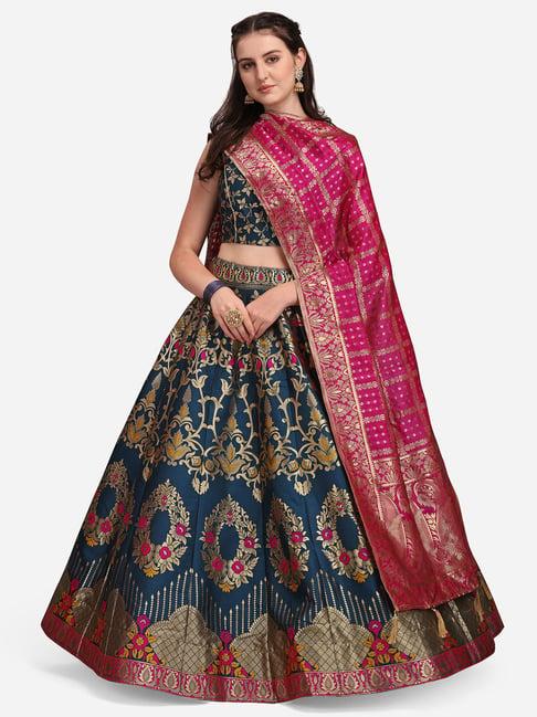 purvaja teal printed stitched lehenga & unstitched blouse with dupatta