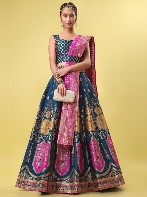 purvaja teal printed stitched lehenga & unstitched blouse with dupatta