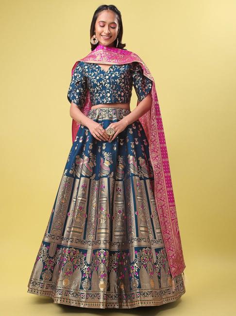 purvaja teal printed stitched lehenga & unstitched blouse with dupatta