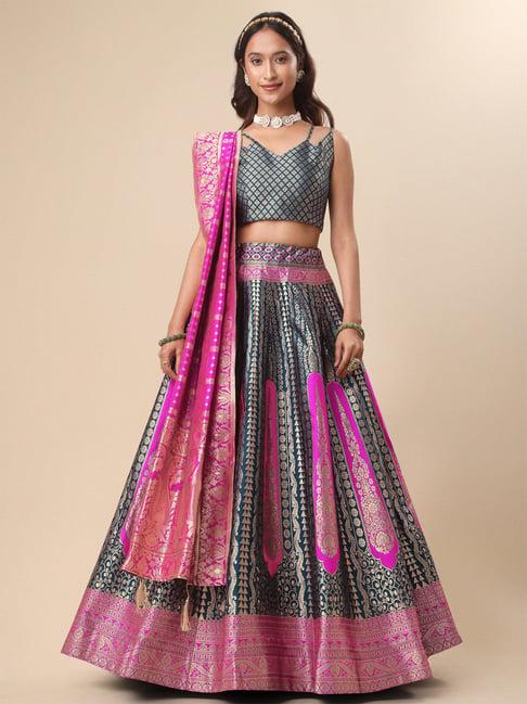 purvaja teal printed stitched lehenga & unstitched blouse with dupatta