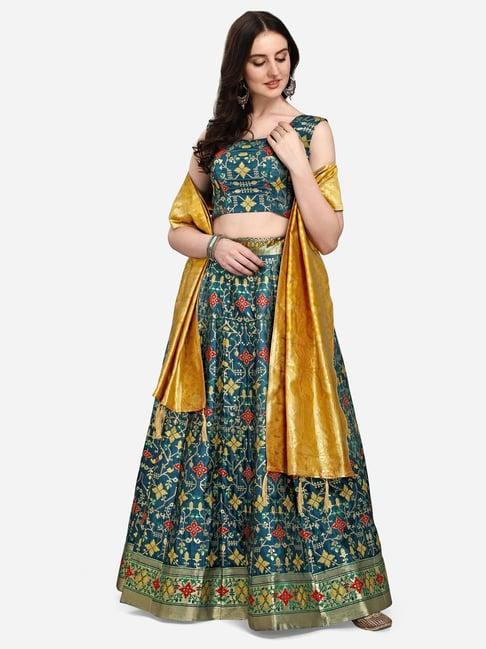 purvaja teal printed stitched lehenga & unstitched blouse with dupatta