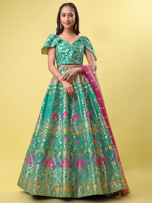 purvaja turquoise floral print stitched lehenga & unstitched blouse with dupatta