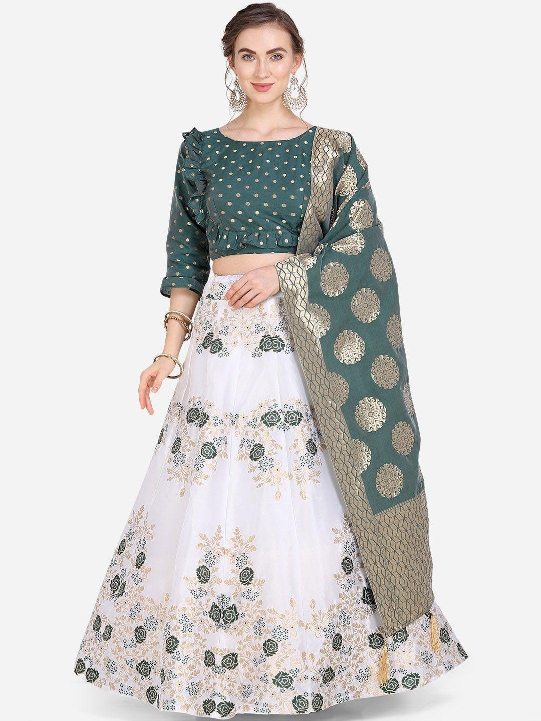 purvaja white & green printed semi-stitched lehenga & unstitched blouse with dupatta