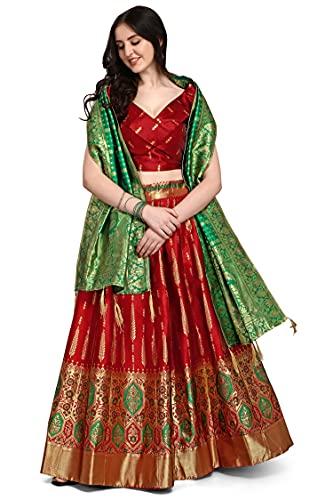 purvaja women's jacquard semi-stitched lehenga choli (swastik-red_red_free size)