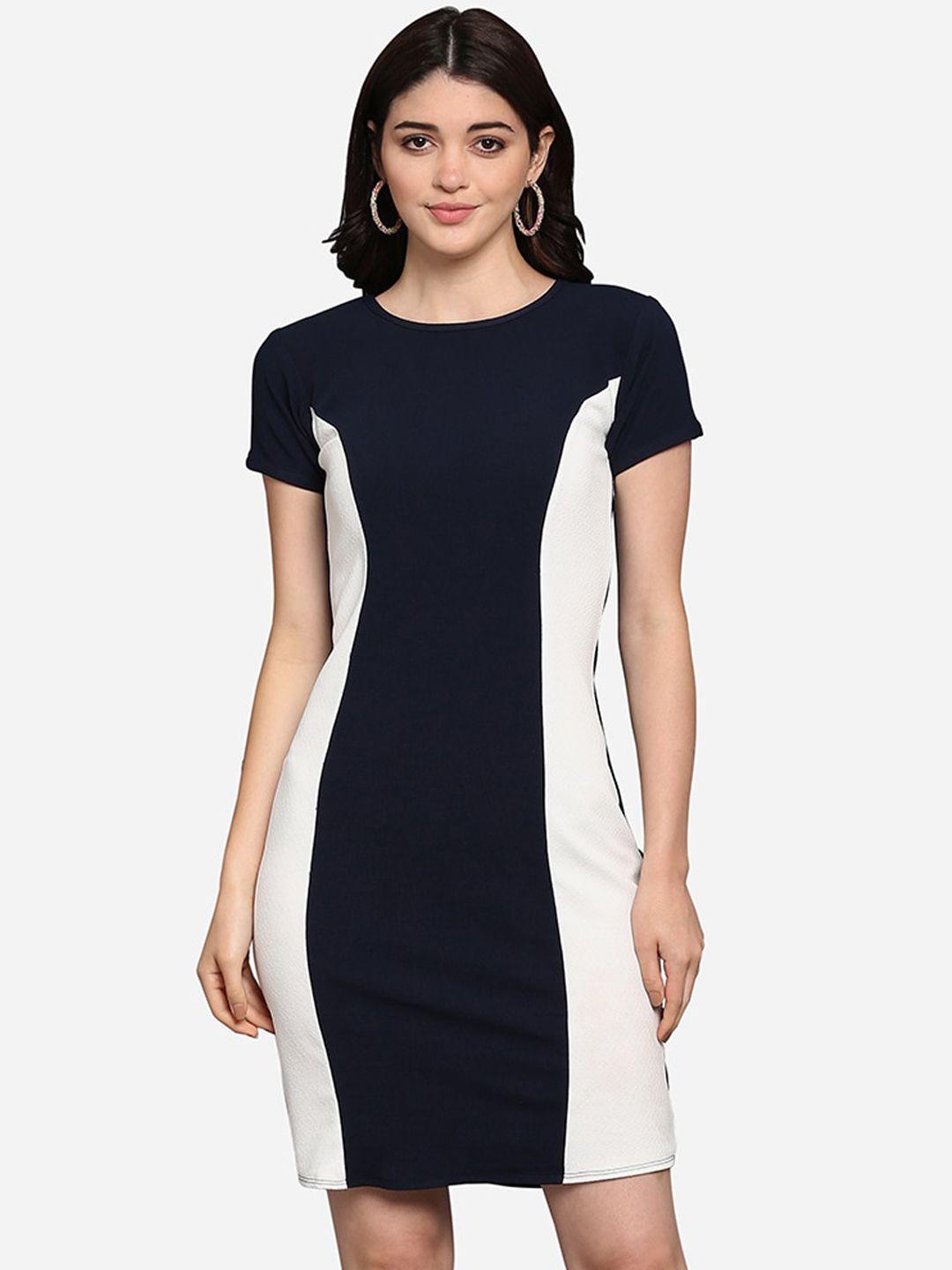 purvaja women blue & white colourblocked sheath dress