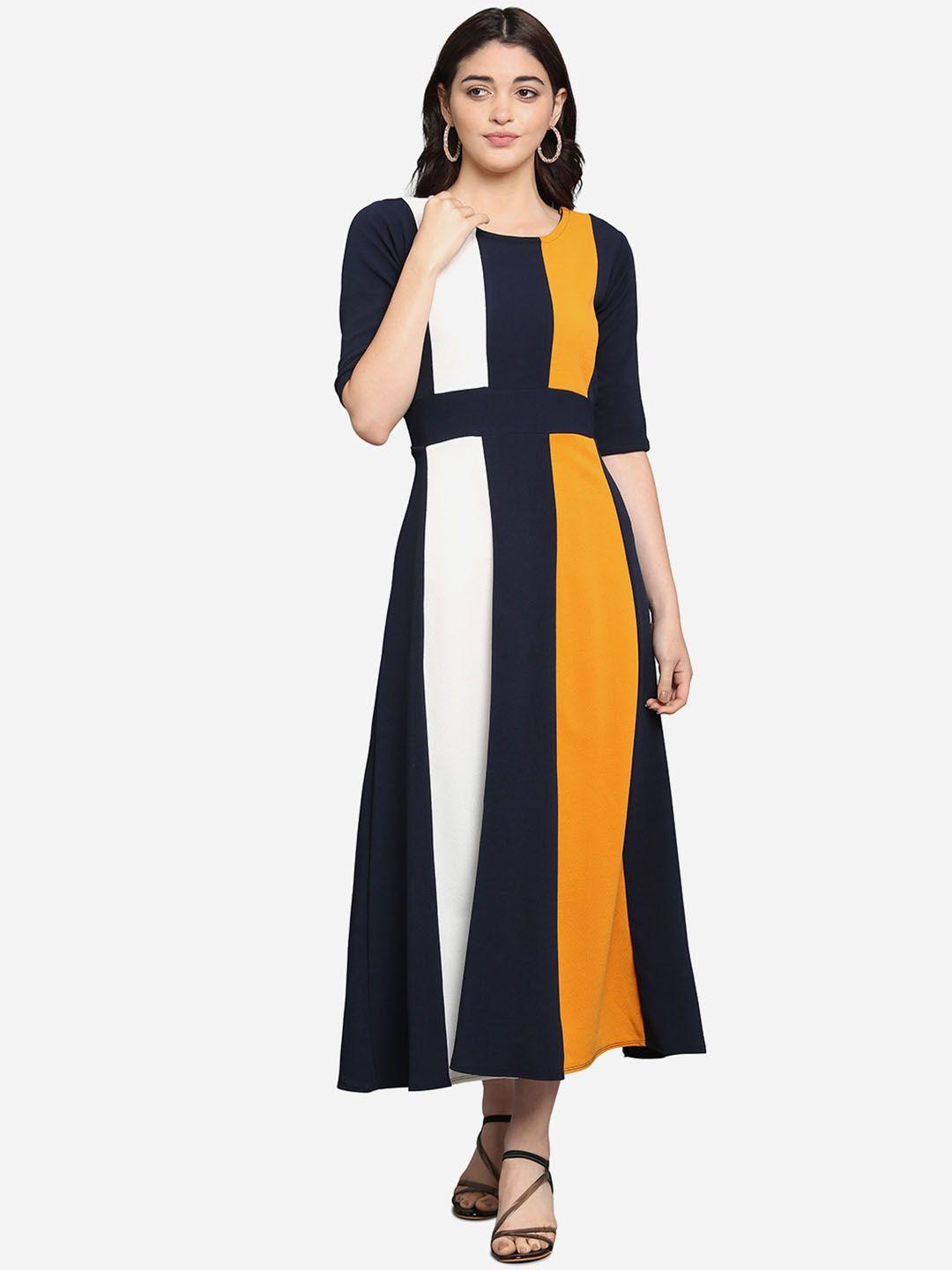 purvaja women blue colourblocked a-line dress