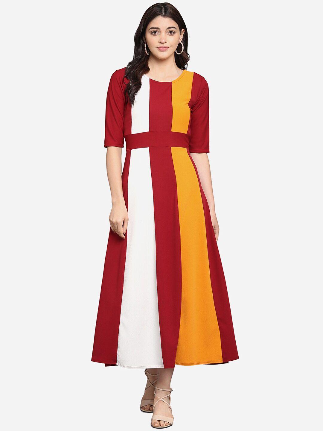purvaja women maroon & white colourblocked a-line dress