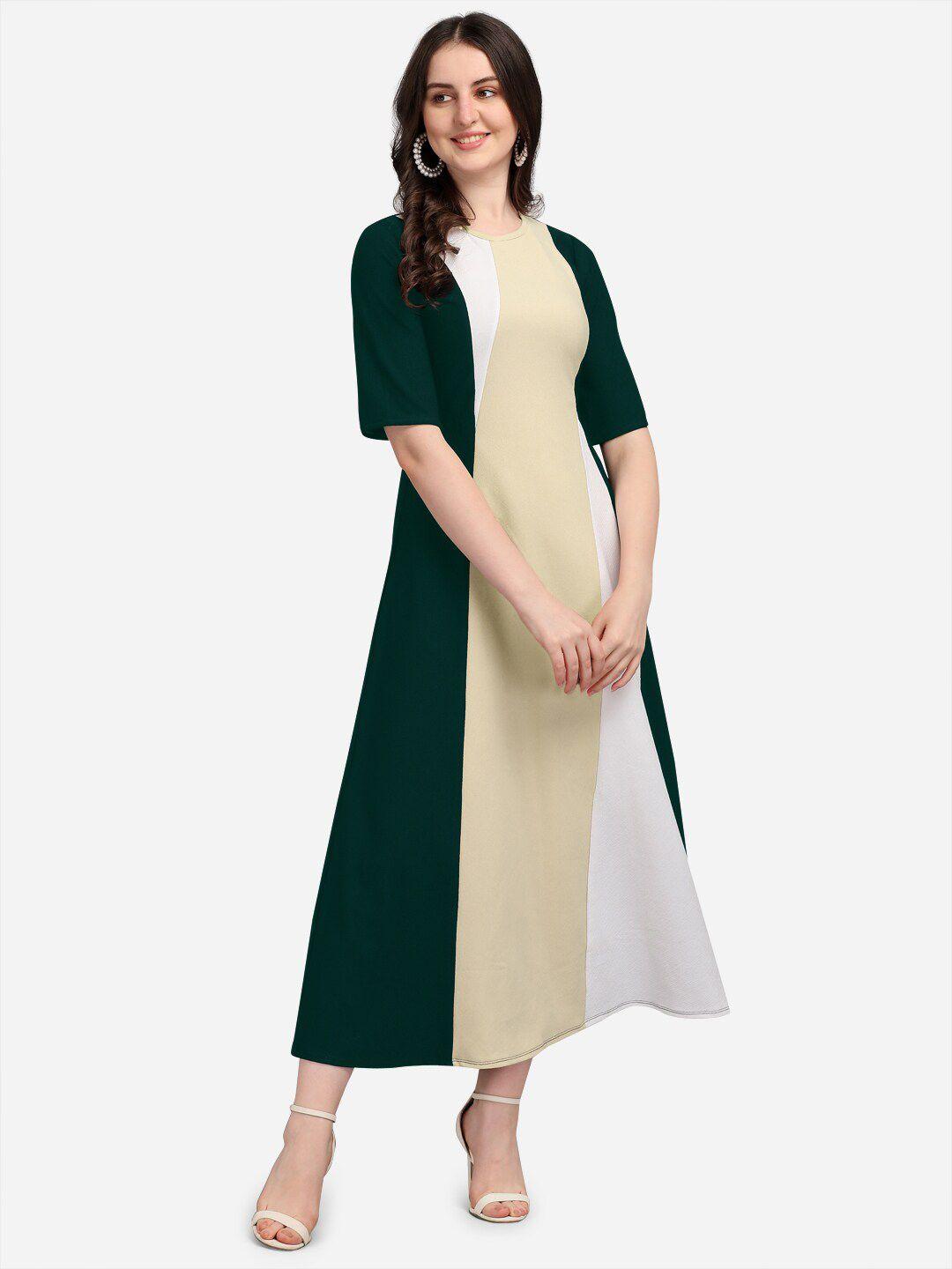 purvaja women olive & beige colourblocked a-line midi dress