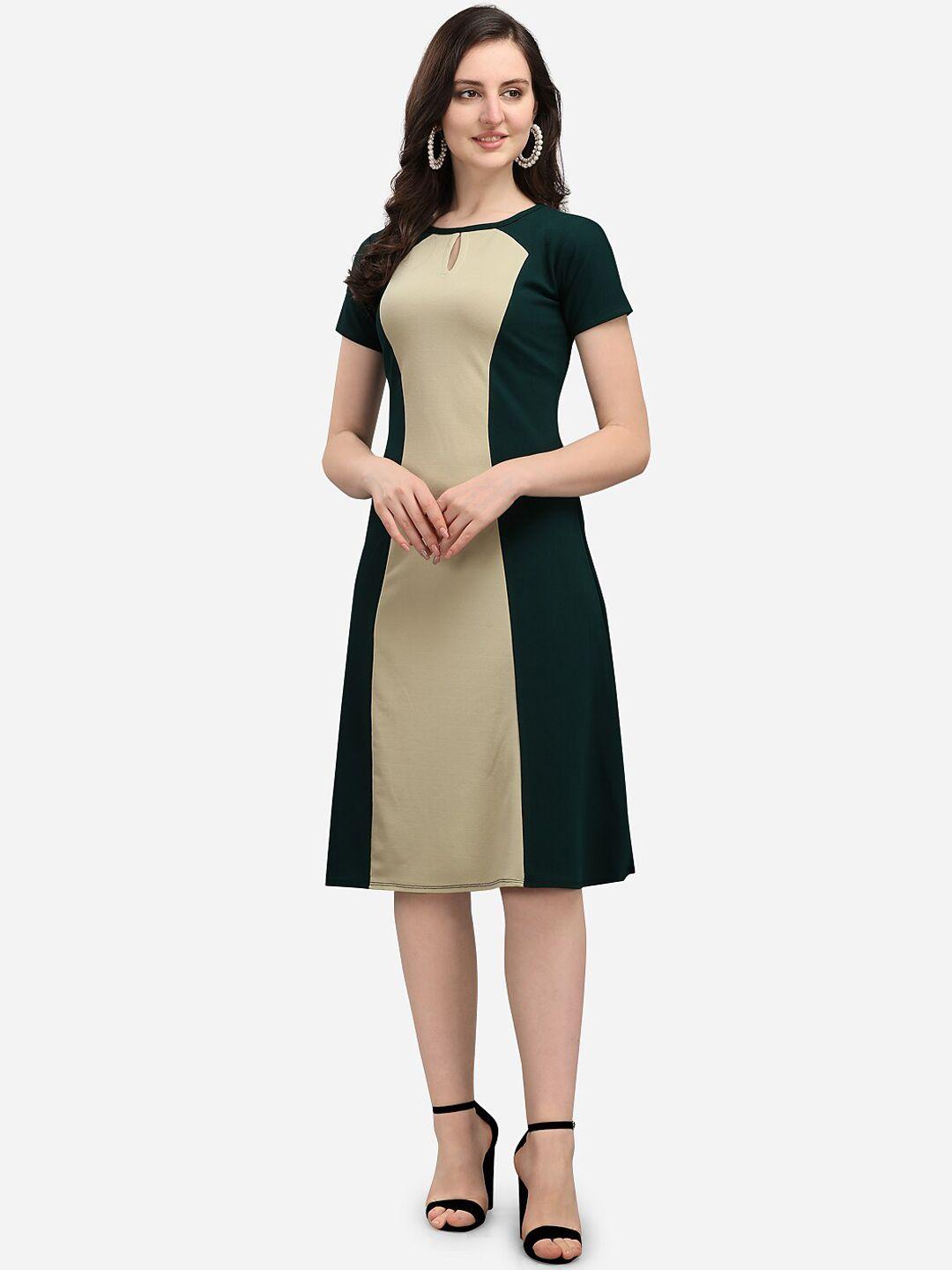 purvaja women olive green & beige colourblocked dress