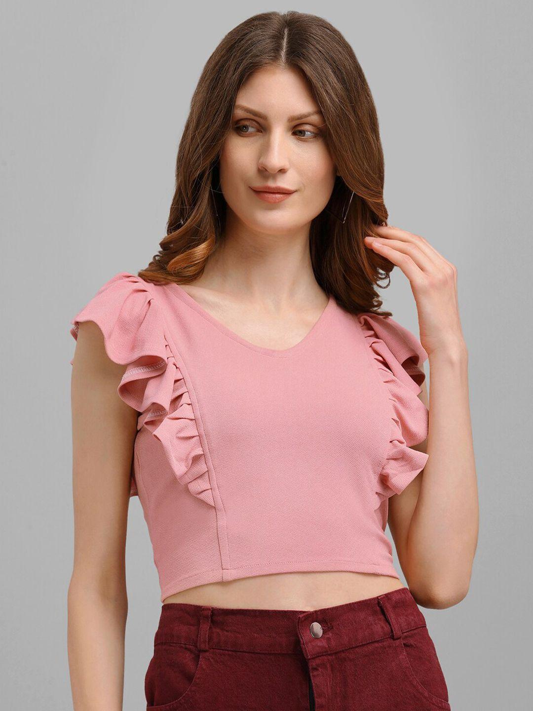 purvaja women solid peach-colored sleeveless boxy ruffles crop top