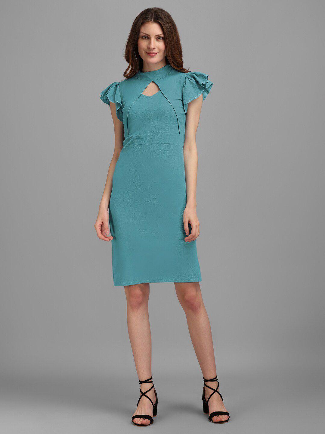 purvaja women turquoise blue round neck sheath dress