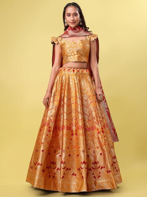 purvaja yellow floral print stitched lehenga & unstitched blouse with dupatta