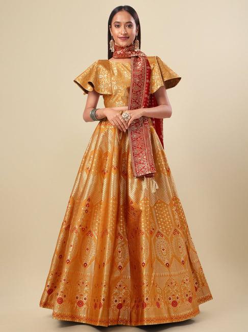 purvaja yellow floral print stitched lehenga & unstitched blouse with dupatta