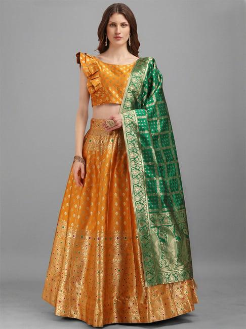 purvaja yellow printed stitched lehenga & unstitched blouse with dupatta