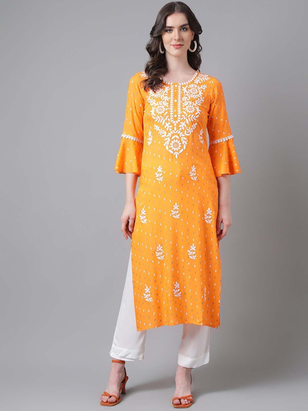 purvija kurties women orange embroidered kurta