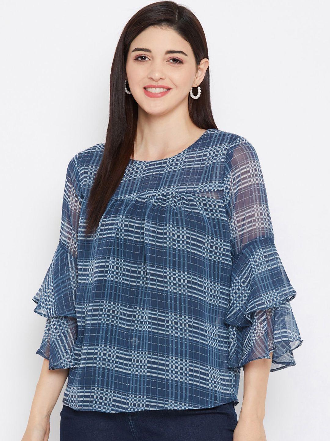 purys navy blue & white checked bell sleeves georgette regular top