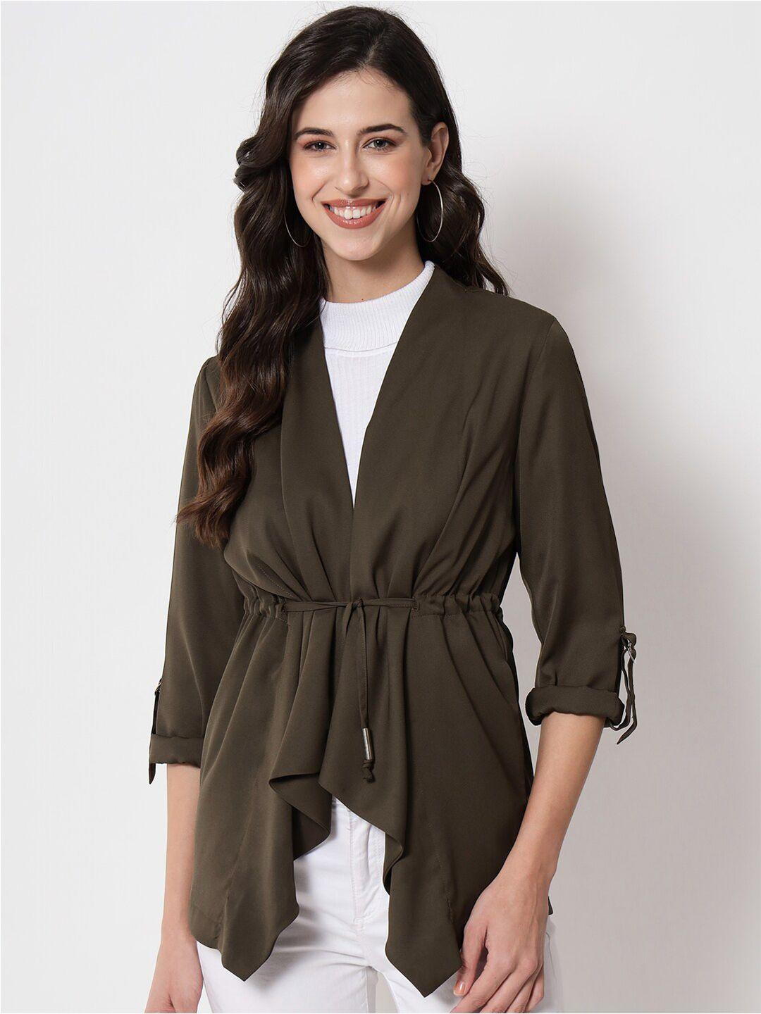 purys women olive green solid tie-up shrug