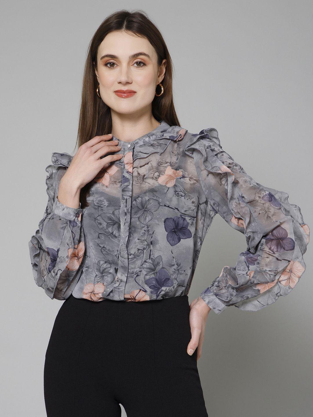 purys floral print mandarin collar georgette shirt style top