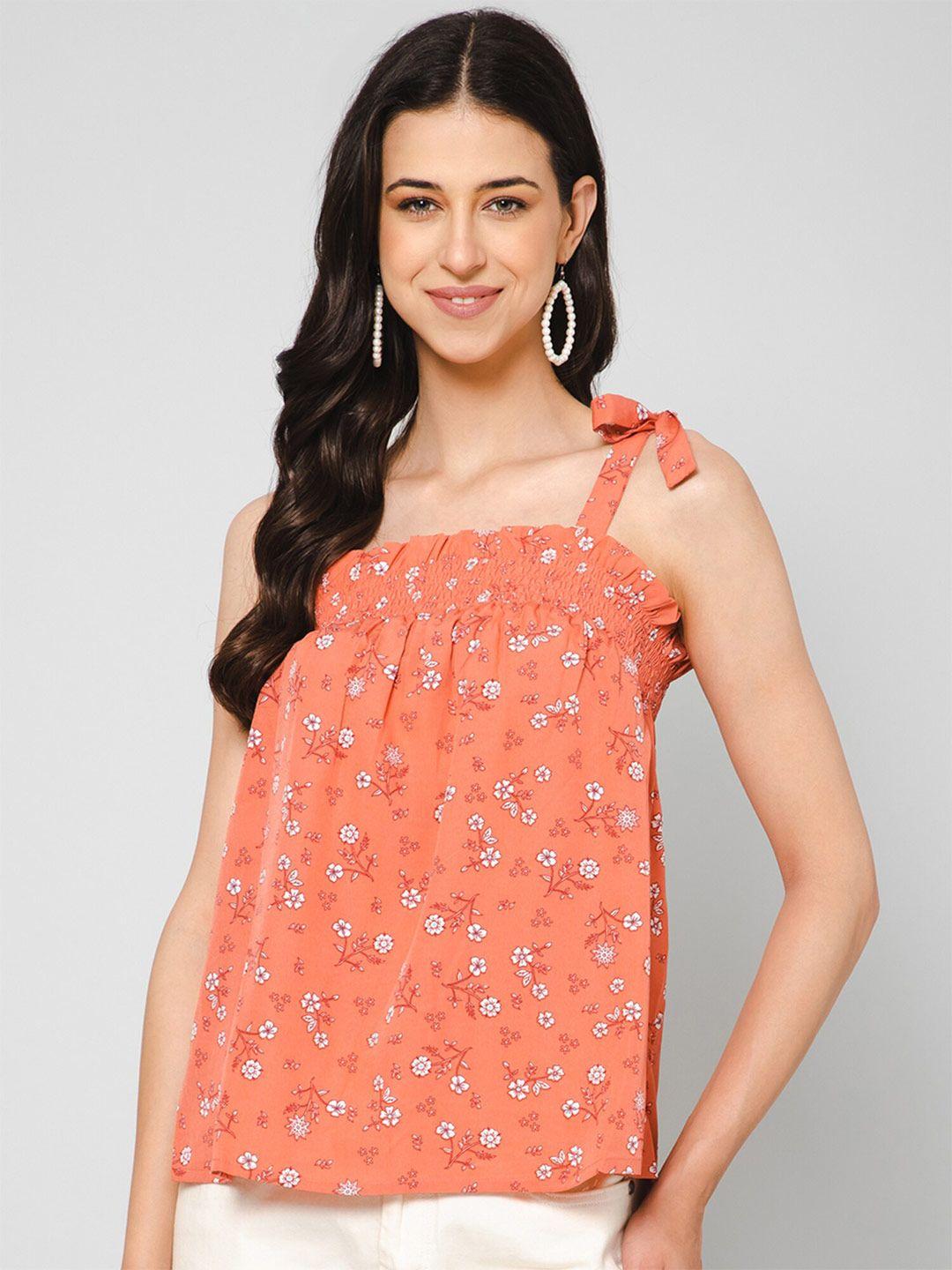 purys floral printed smocked shoulder straps top