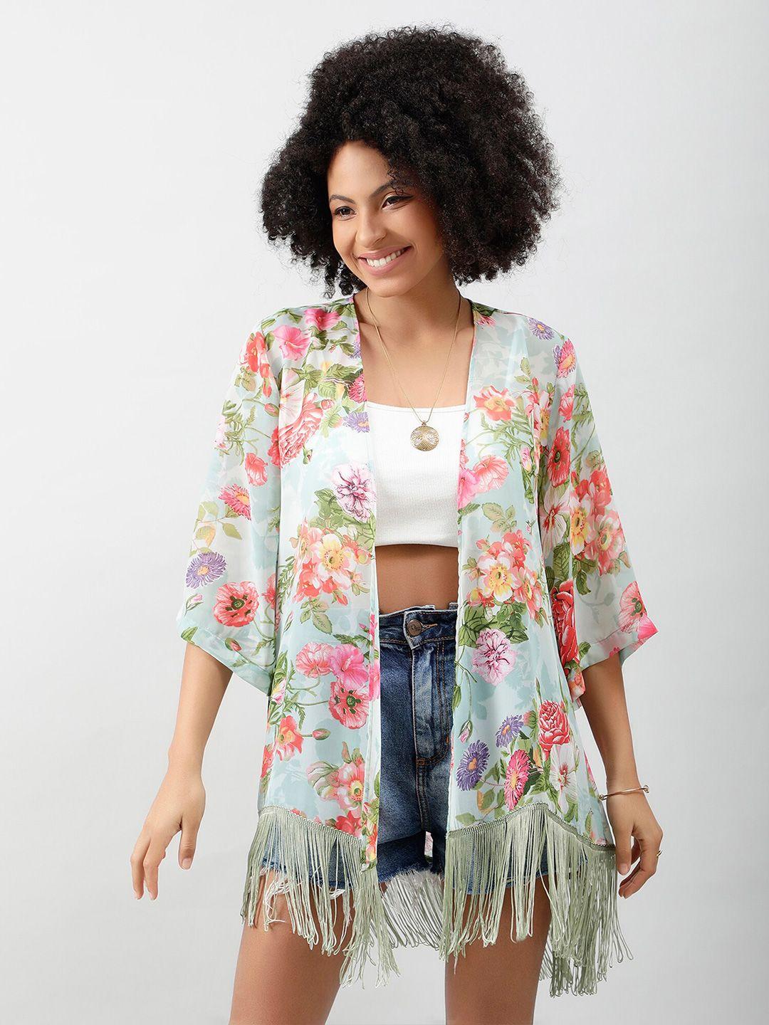 purys floral printed tasselled longline open front shrug