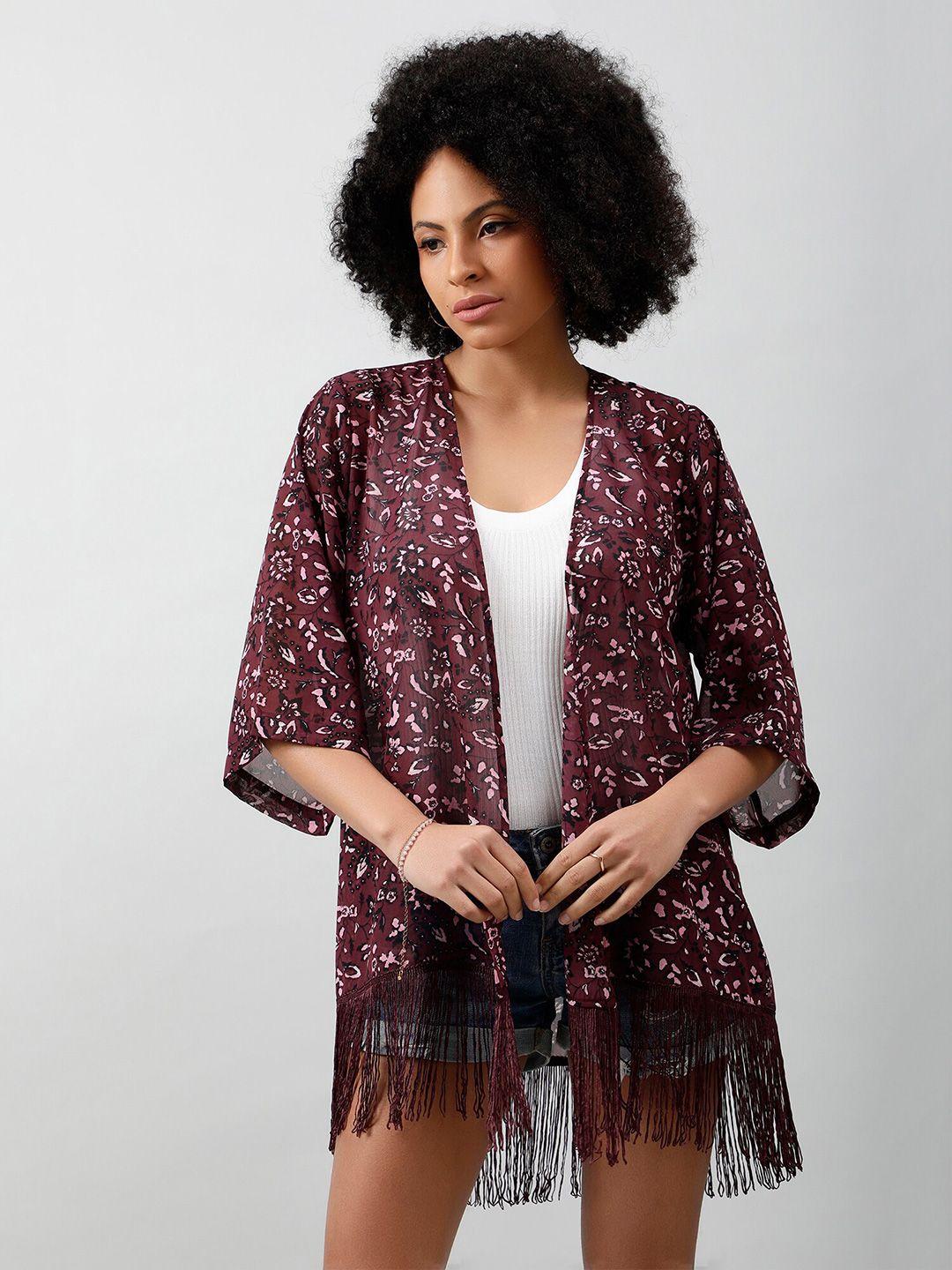 purys floral printed tasselled open front shrug