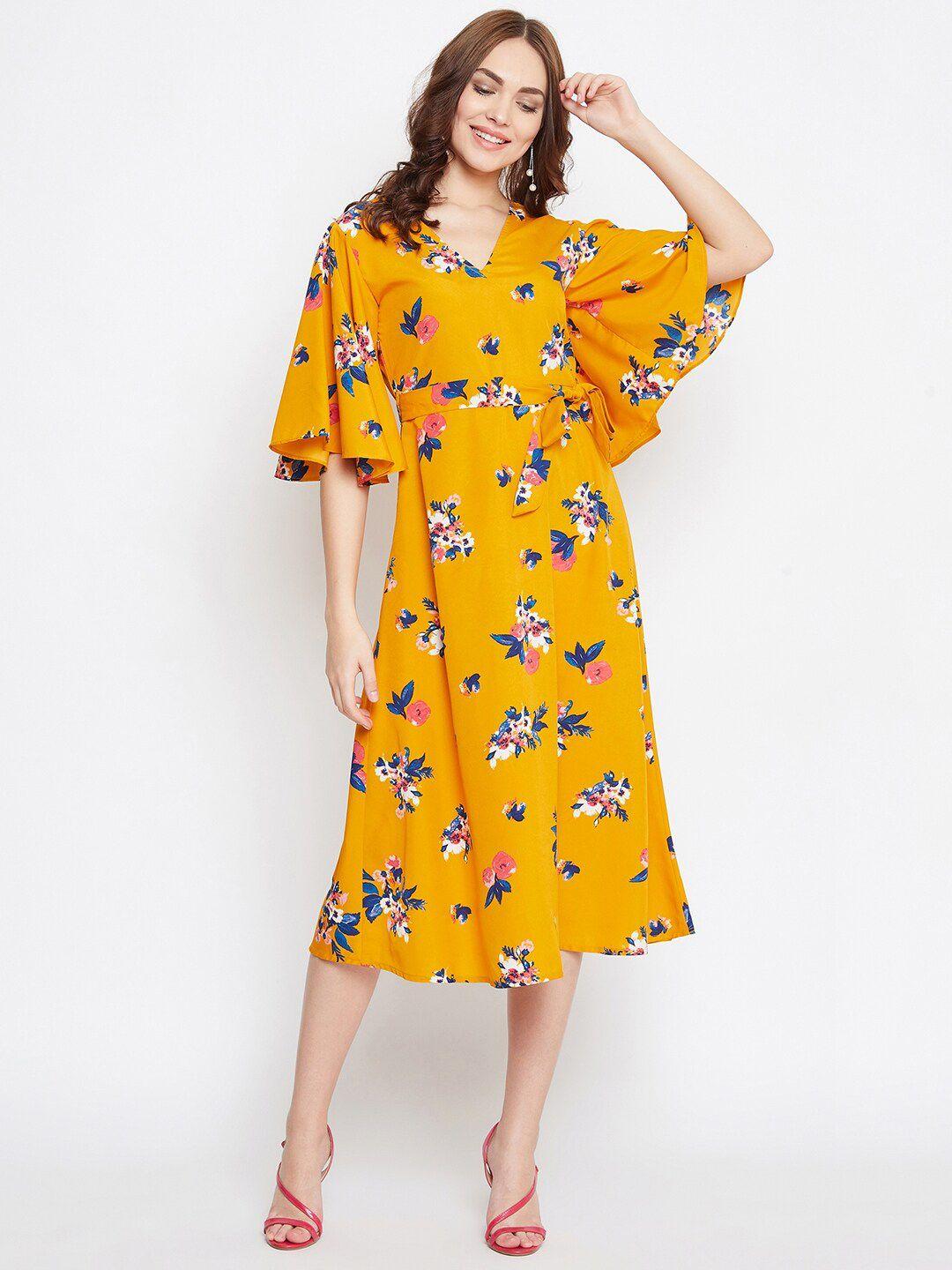 purys mustard yellow floral crepe a-line midi dress