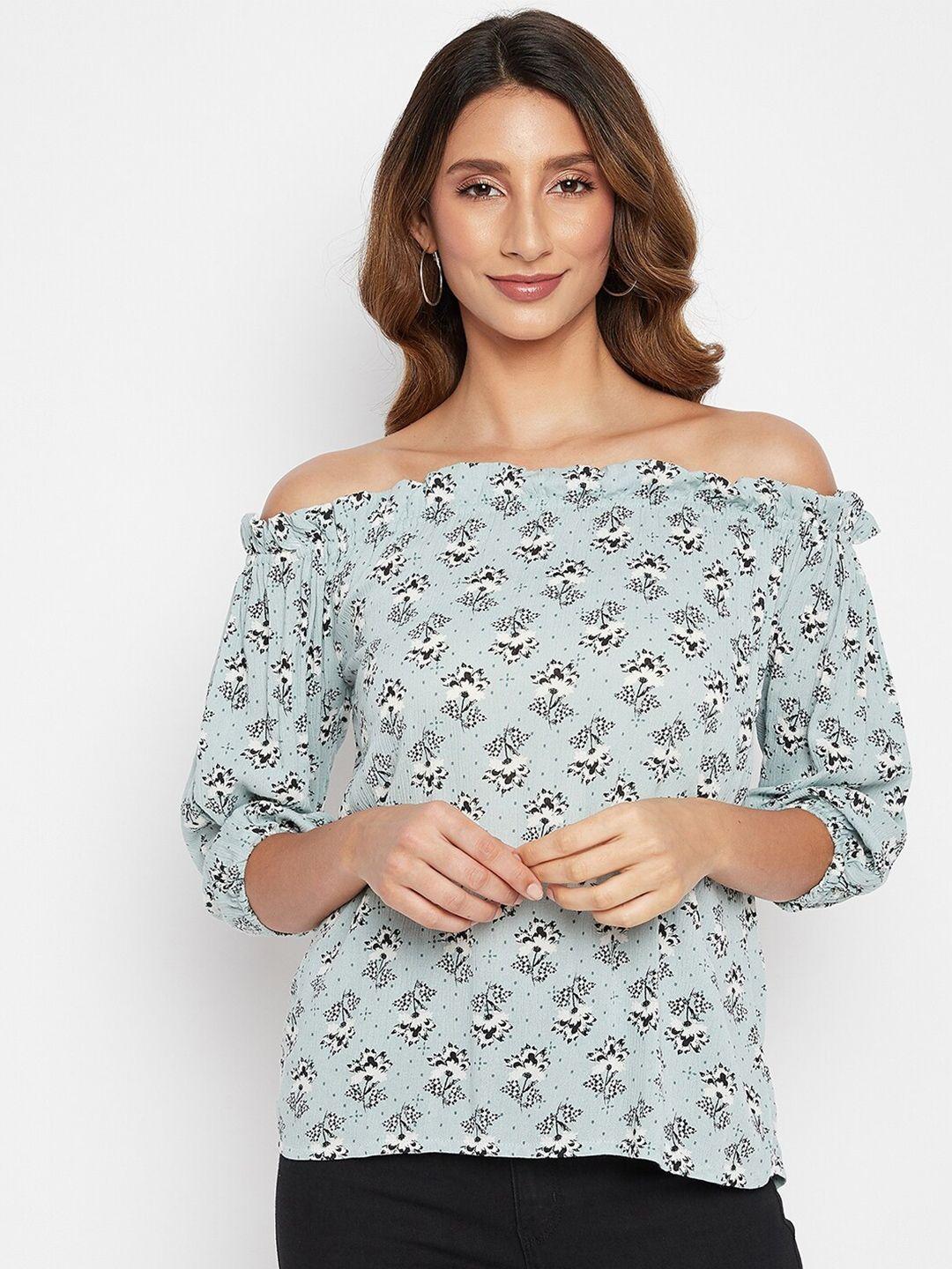 purys sea green & black floral off-shoulder bardot top