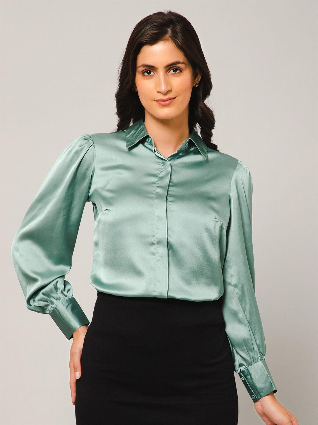 purys spread collar puff sleeves smart satin casual shirt