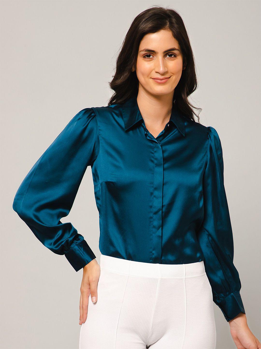 purys spread collar puff sleeves smart satin casual shirt