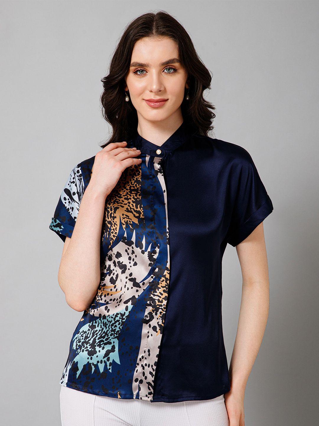 purys standard abstract printed band collar satin casual shirt