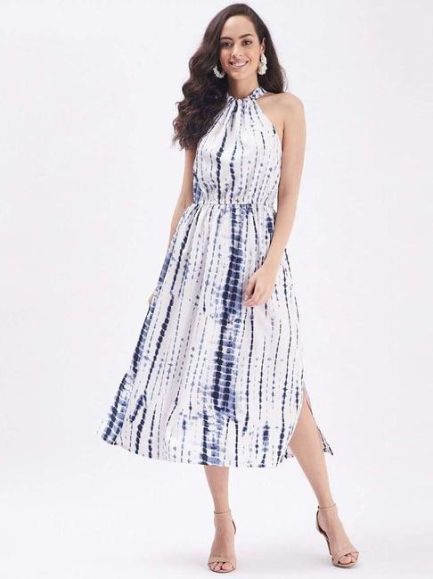 purys white & blue printed a-line dress