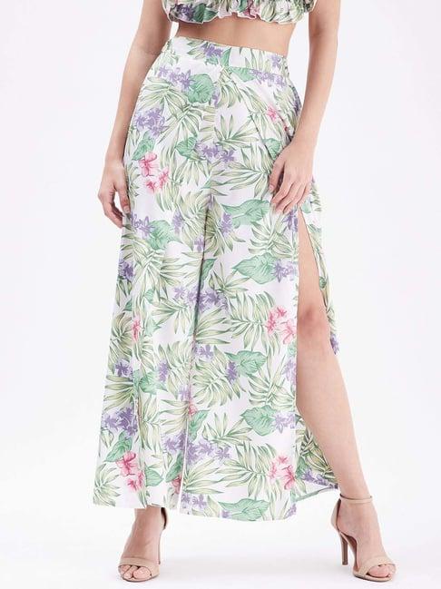 purys white & green printed wide leg trousers