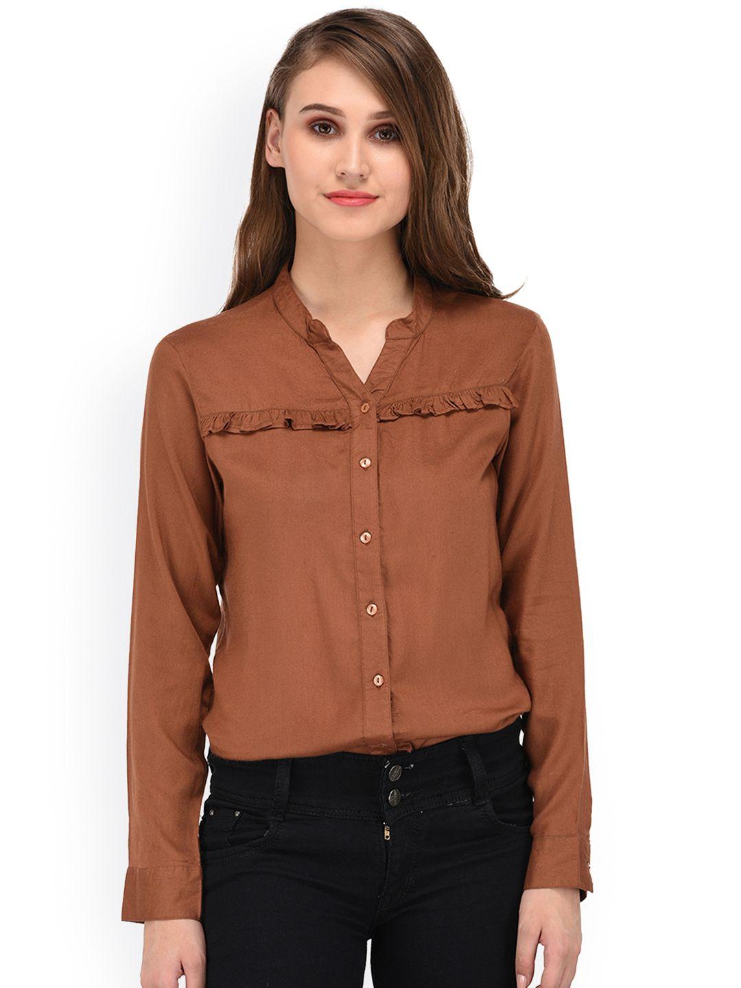 purys women brown smart regular fit solid casual shirt