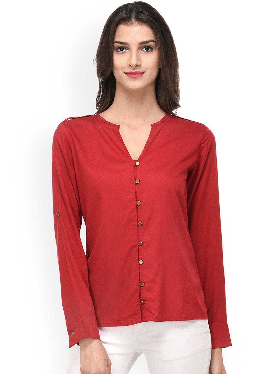 purys women maroon smart regular fit solid casual shirt