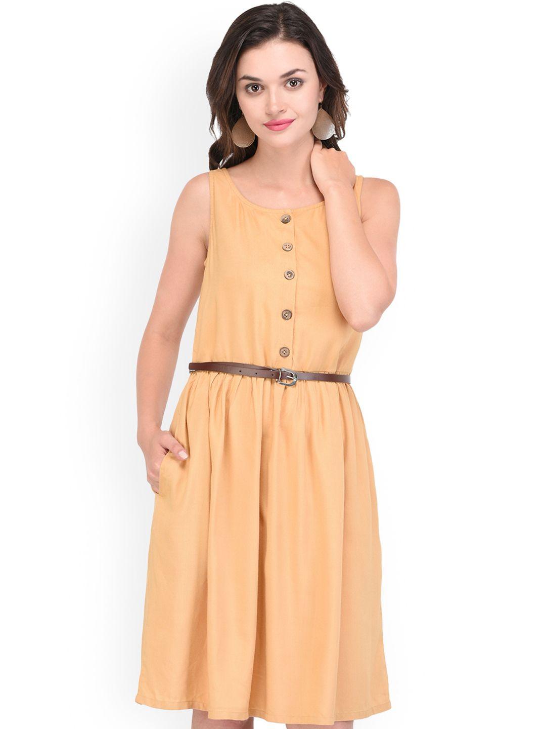 purys women mustard solid fit and flare dress