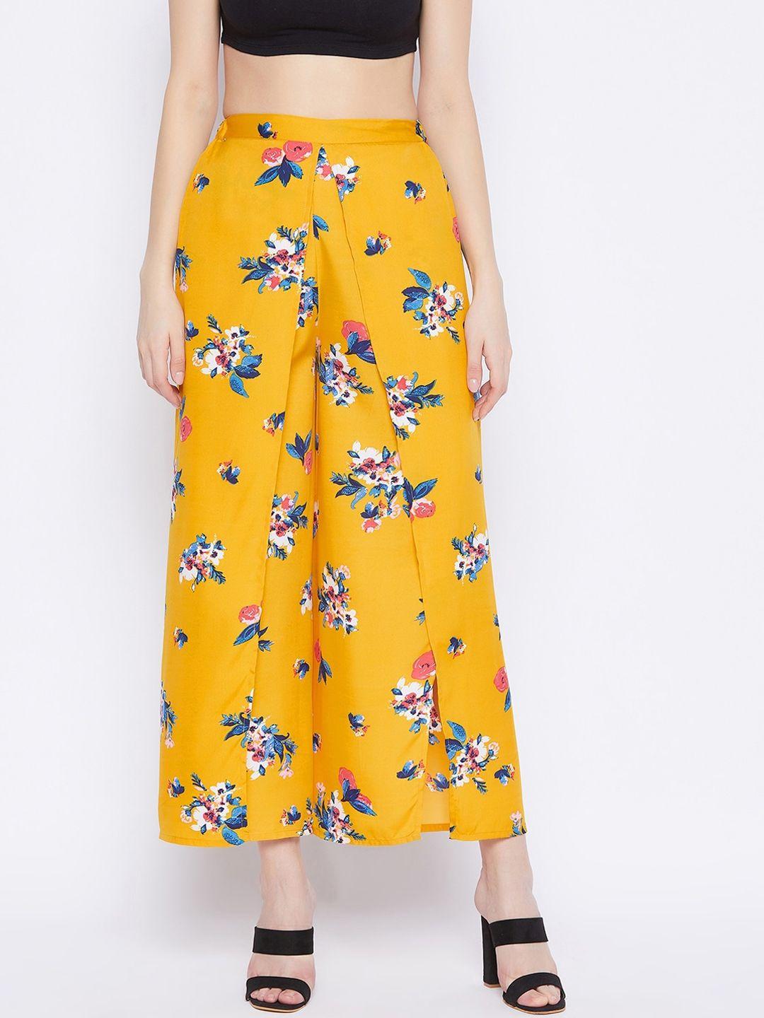 purys women mustard yellow floral printed relaxed flared parallel trousers with slit