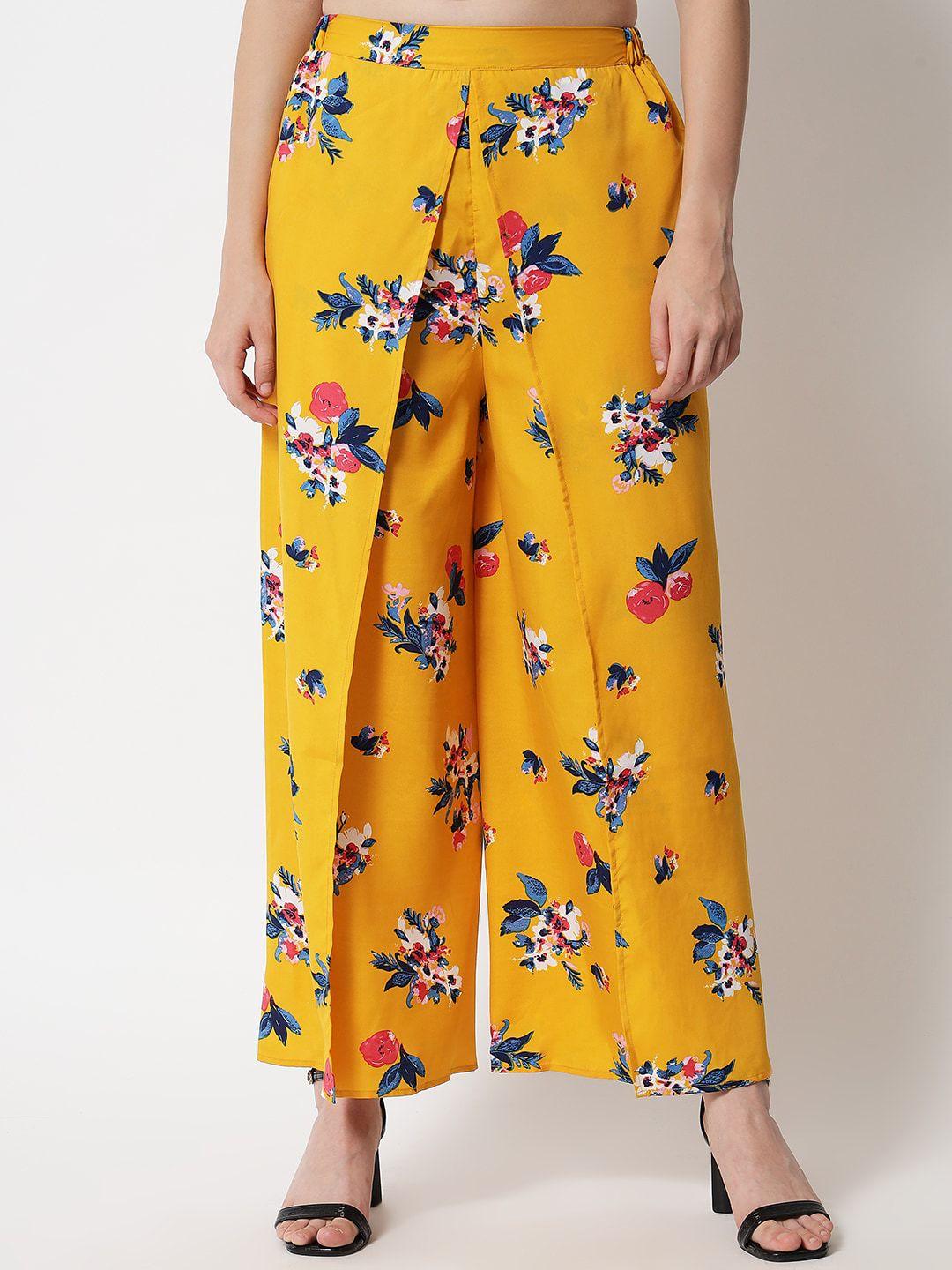 purys women mustard yellow floral printed smart flared trousers