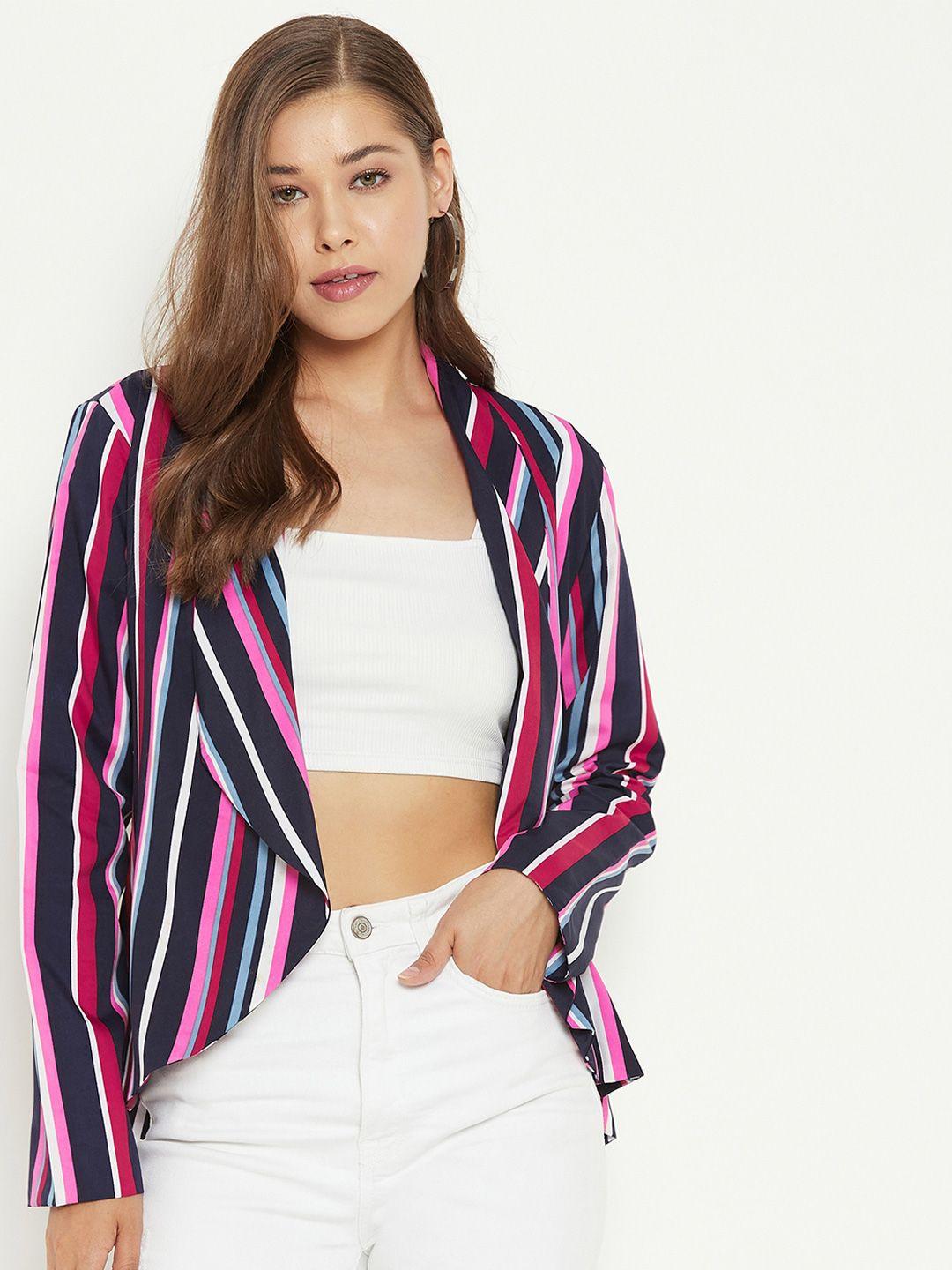 purys women navy blue & pink striped front-open casual blazer