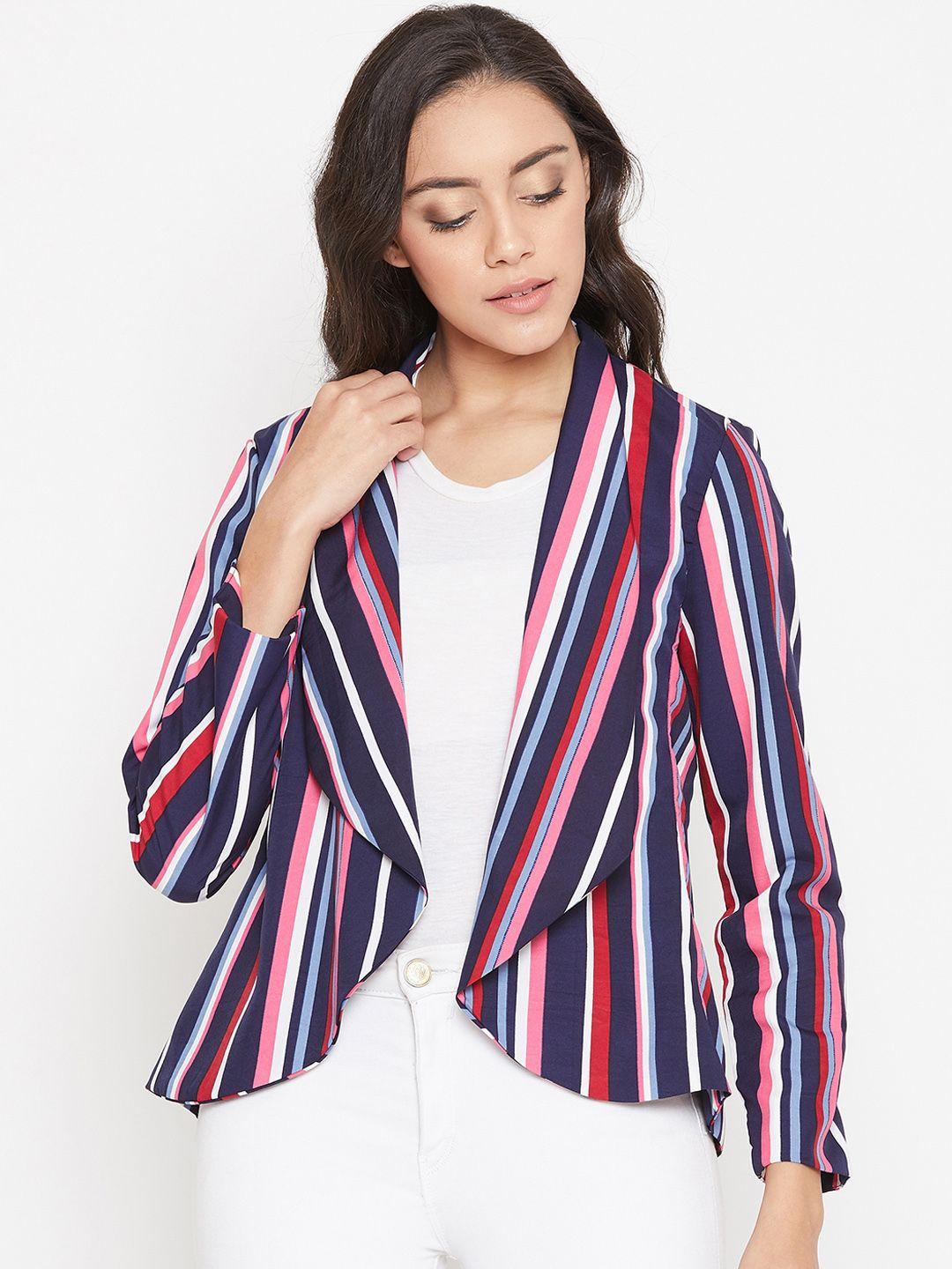 purys women navy blue & pink striped open front shrug